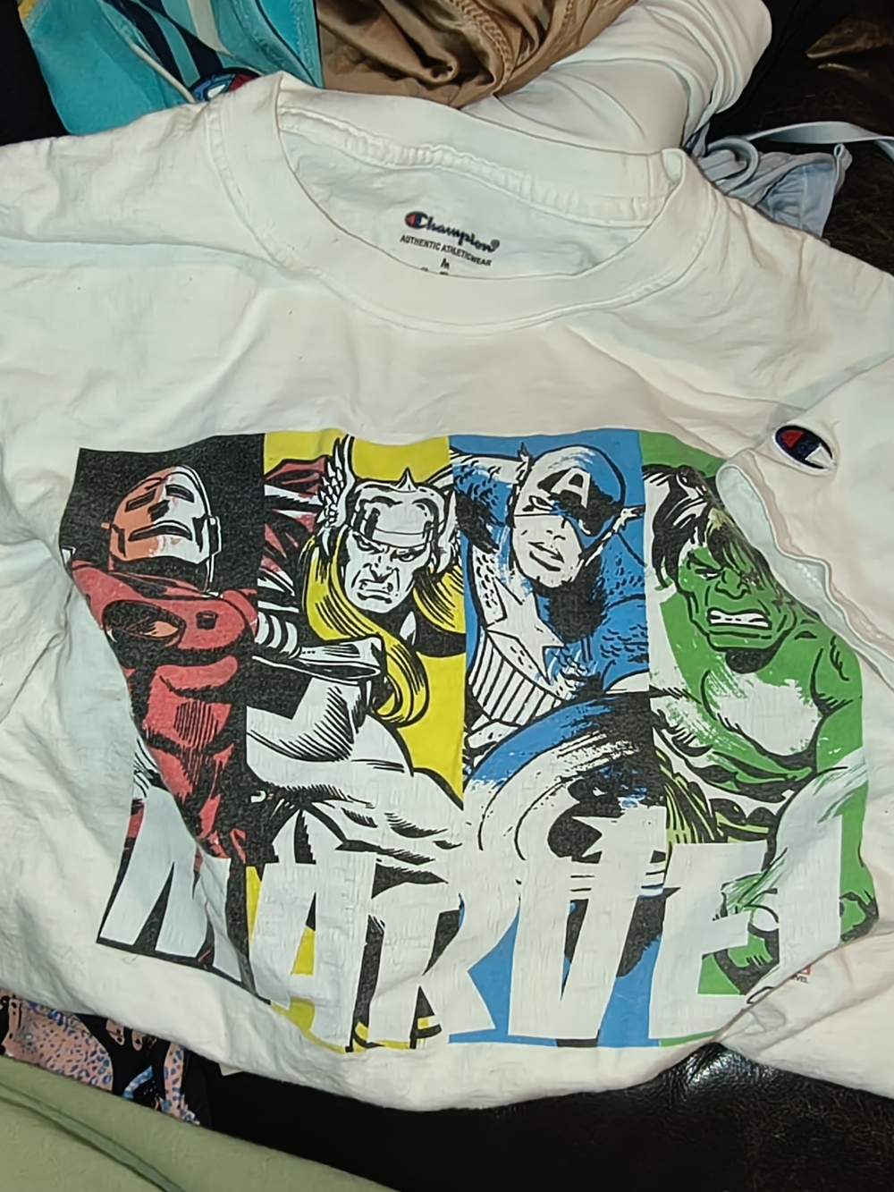 Champion White Marvel Superhero Graphic Tee with Multi-Color Panels